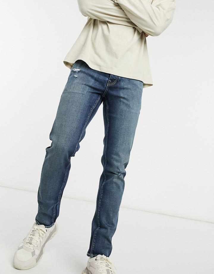 Asos Design Stretch Slim Jean In Dark Vintage Japanese Wash With Abrasions-blue