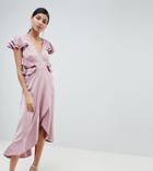Asos Design Tall Ruffle Midi Dress In Rippled Satin With Cut Out Back-pink
