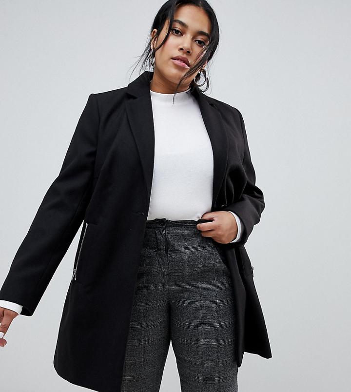 Asos Design Curve Boyfriend Coat With Zip Pocket - Black