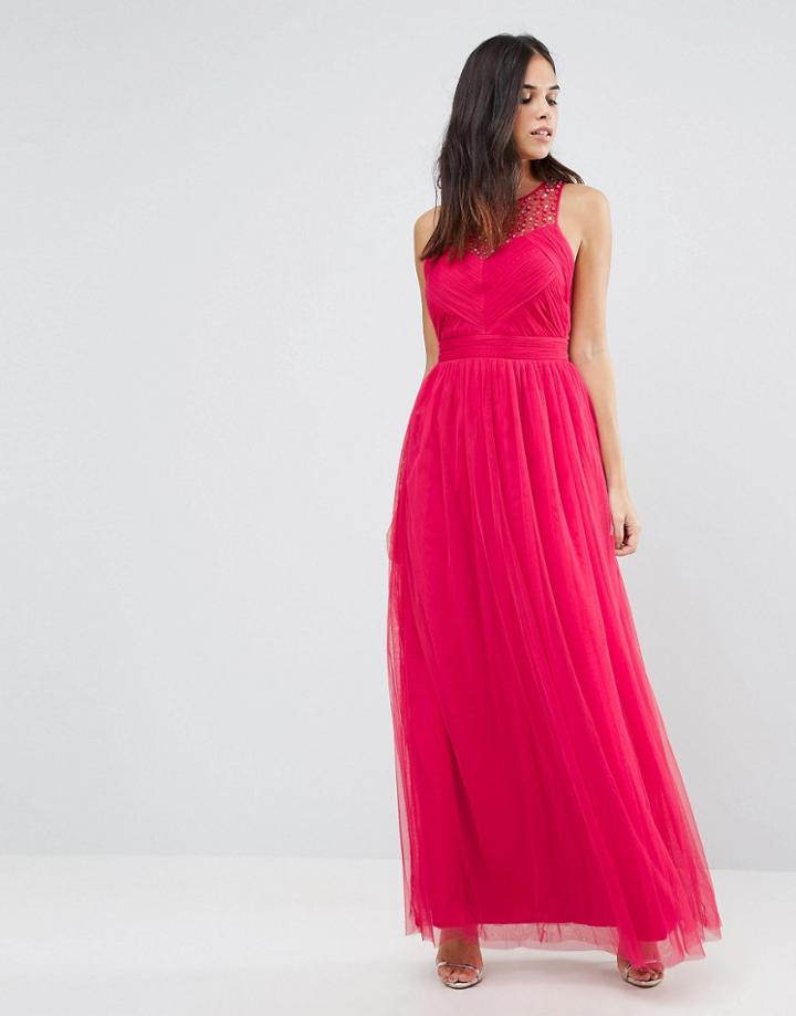 Little Mistress Embellished Pleat Detail Maxi Dress - Red