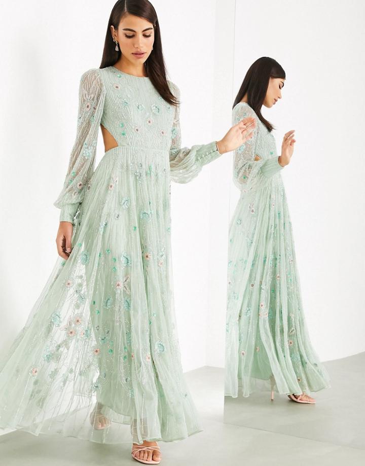 Asos Edition Floral Embellished Maxi Dress With Cut Out Back-green