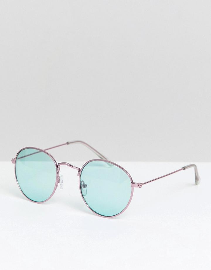 Asos Design Round Sunglasses In Pink Metal With Green Lens - Pink