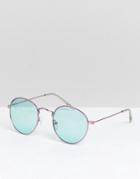 Asos Design Round Sunglasses In Pink Metal With Green Lens - Pink