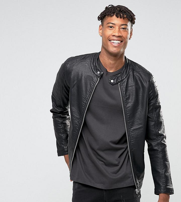 Barneys Originals Tall Faux Leather Ribbed Biker Jacket-black