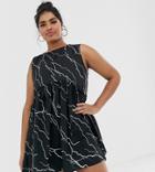 Another Reason Plus Mini Smock Dress With Frill Seam In Lightening Print - Multi