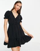 Asos Design Soft Denim Wrap Pintuck Dress In Black-blues