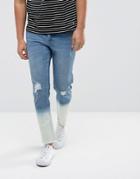Asos Slim Jeans In Mid Wash Blue With Bleached Hems And Rips - Blue