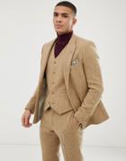 Asos Design Slim Suit Jacket In 100% Wool Harris Tweed In Camel - Beige