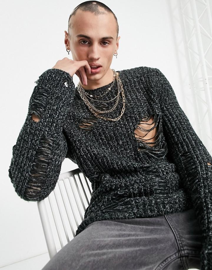 Asos Design Oversized Chunky Knit Sweater With Laddering Stitch In Charcoal-grey