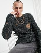 Asos Design Oversized Chunky Knit Sweater With Laddering Stitch In Charcoal-grey