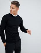 Asos Design Muscle Fit Merino Wool Sweater In Black - Black