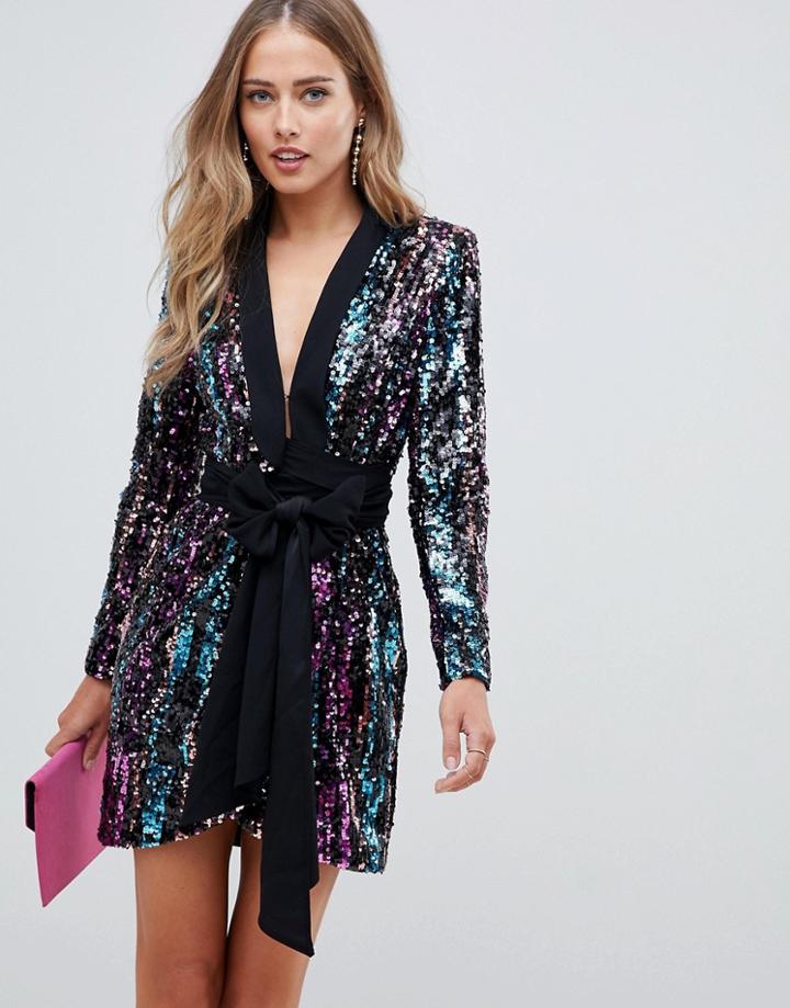 Asos Design Tux Dress In Stripe Sequin Embellishment - Multi
