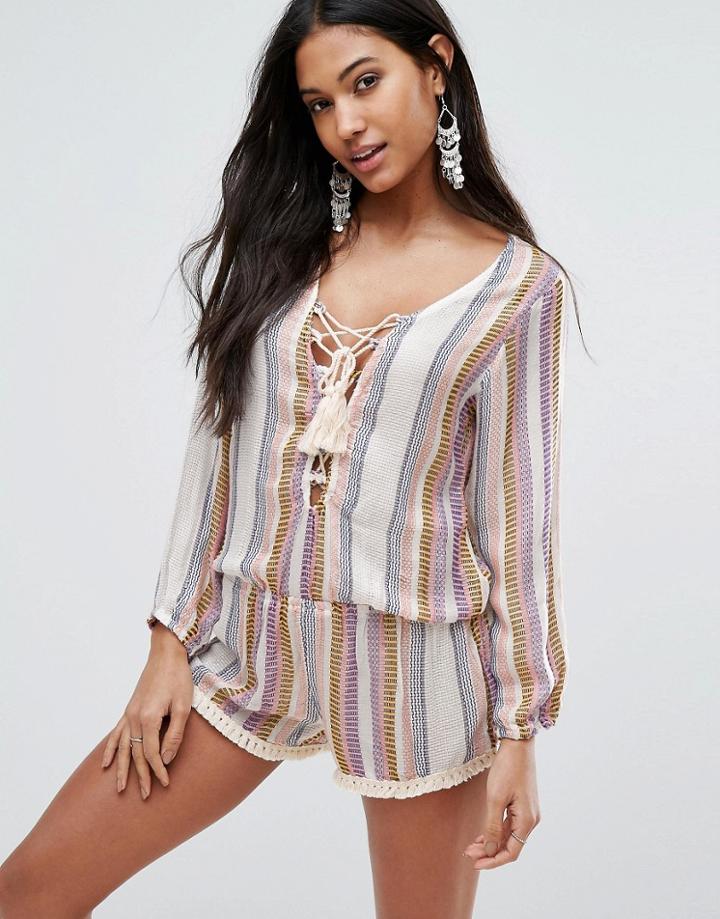 Surf Gypsy Stripe Lace Up Off Shoulder Romper - Multi