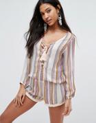 Surf Gypsy Stripe Lace Up Off Shoulder Romper - Multi