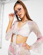 Asos Design Tie Front Mesh Beach Set Crop Top In Spray Print-multi