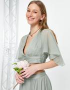 Asos Design Bridesmaid Flutter Sleeve Ruched Top In Olive - Part Of A Set-green