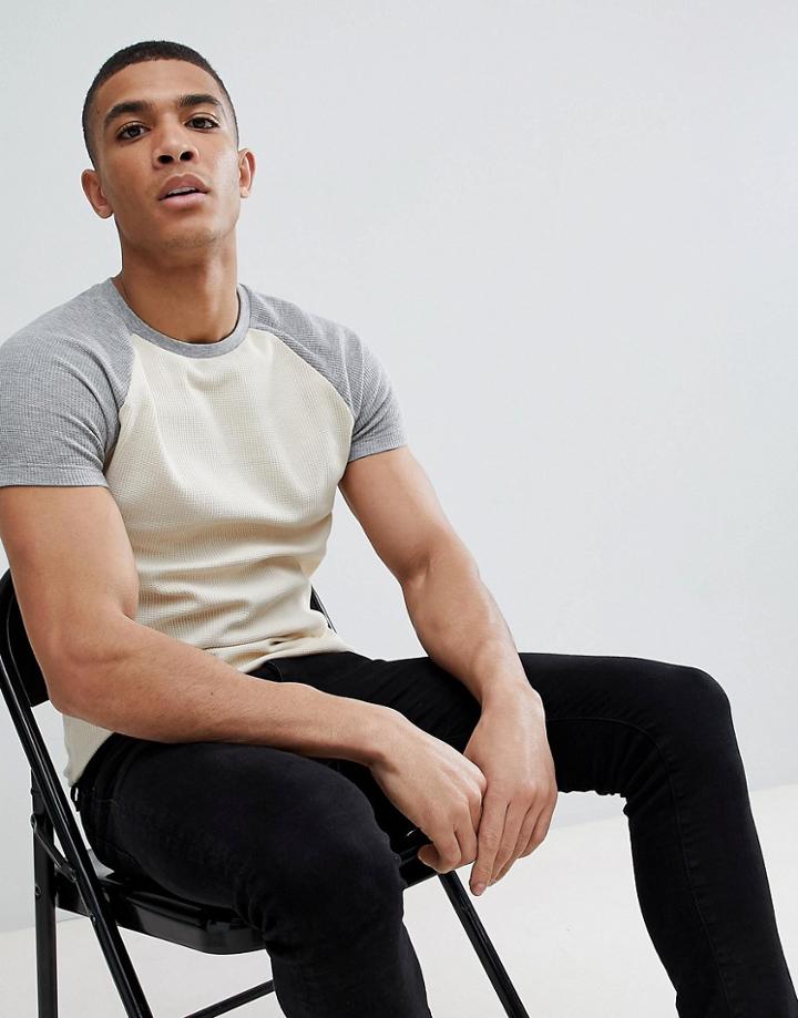 Asos Design Muscle Raglan T-shirt With Contrast Sleeves In Waffle - Multi