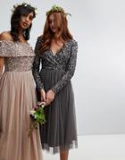 Maya Long Sleeve Wrap Front Midi Dress With Delicate Sequin And Tulle Skirt In Charcoal - Gray