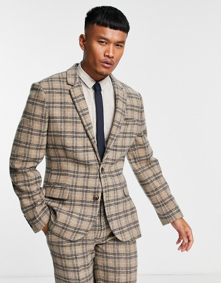 Asos Design Slim Suit Jacket In Beige Check-neutral