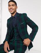 Asos Design Super Skinny Suit Jacket In Blackwatch Plaid-green