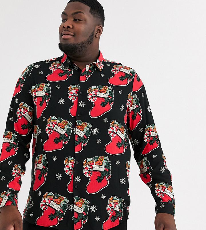 Asos Design Plus Long Sleeve Regular Fit Shirt In Stocking Print-black