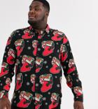 Asos Design Plus Long Sleeve Regular Fit Shirt In Stocking Print-black