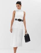 Asos Design Textured Midi Dress With Contrast Tortoiseshell Belt-white