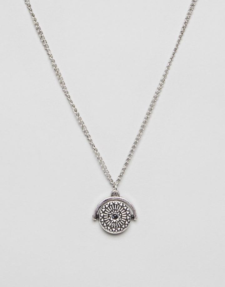 Asos Necklace In Burnished Silver With Geo-tribal Coin And Stone - Silver