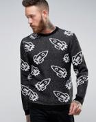 Asos Sweater With Rocket Pattern In Fluffy Yarn - Black