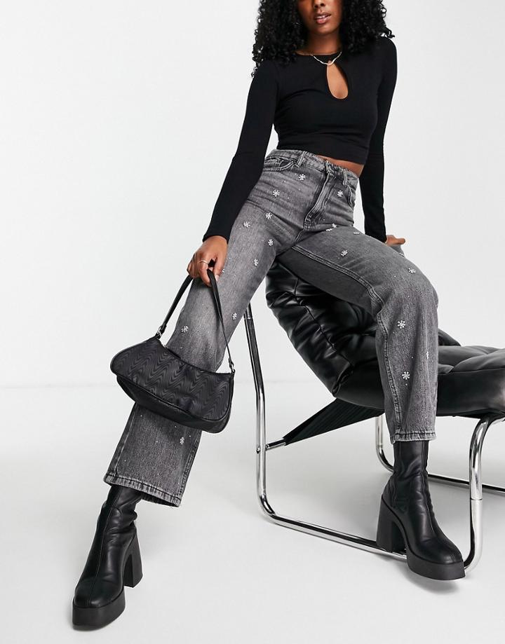 Stradivarius Jean With Diamante Detail In Washed Black