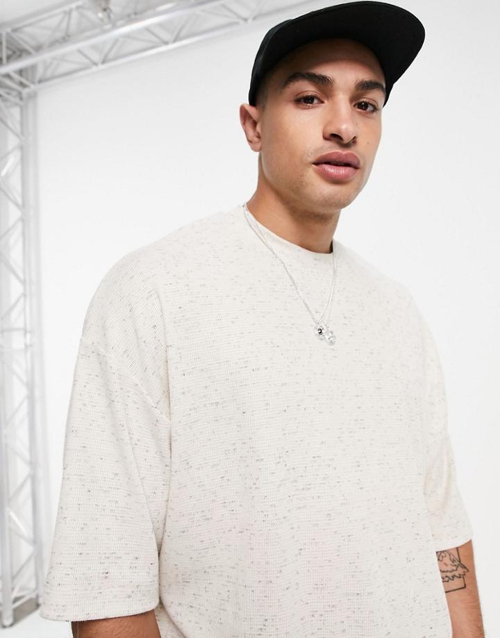 Asos Design Oversized Heavyweight Heather Waffle T-shirt With Half Sleeve In Beige-neutral
