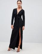 Boohoo Knot Front Plunge Maxi Dress In Black - Black