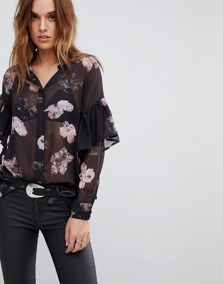 Religion Sheer Shirt In Floral - Black