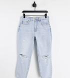River Island Petite Ripped Knee Mom Jeans In Light Blue-blues