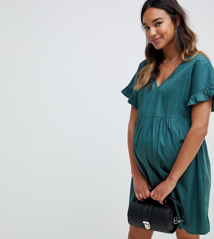 Asos Design Maternity V Front V Back Cotton Smock Mini Dress - Green