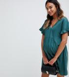 Asos Design Maternity V Front V Back Cotton Smock Mini Dress - Green