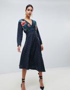 Asos Design Jacquard Wrap Midi Dress With Long Sleeves And Embroidery-black