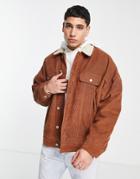 Asos Design Oversized Corduroy Western Jacket With Borg Lining And Collar In Rust-orange