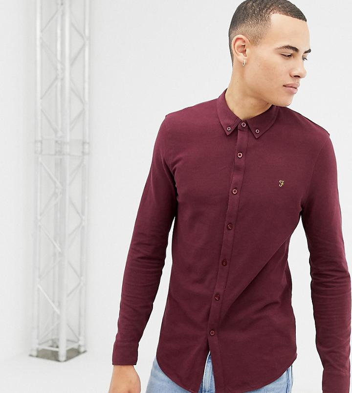 Farah Kompis Slim Fit Pique Jersey Shirt In Burgundy - Red