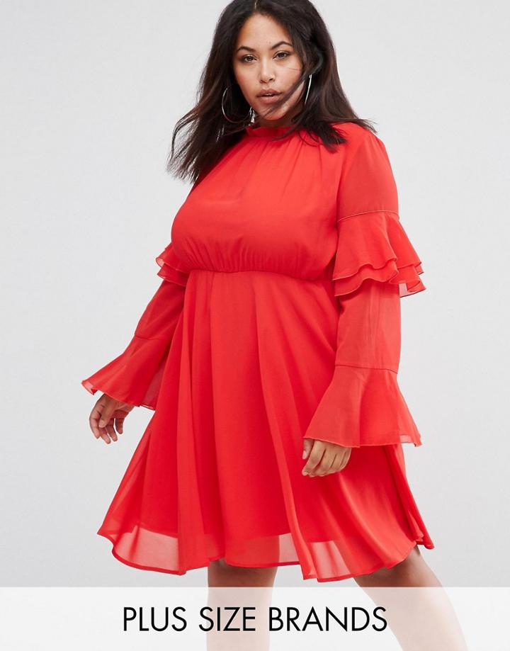 Club L Plus High Neck Detailed Tiered Arm Dress - Red