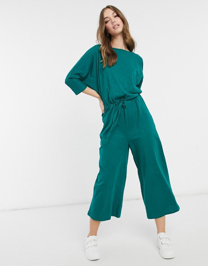 Asos Design Jersey Slub Tie Waist Casual Jumpsuit In Forest Green