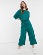 Asos Design Jersey Slub Tie Waist Casual Jumpsuit In Forest Green