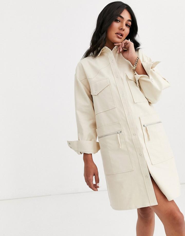 Asos Design Utility Mini Shirt Dress In Twill-beige