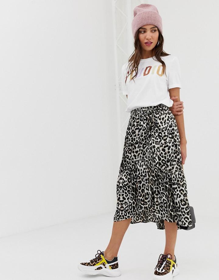 Pieces Satin Leopard Midi Skirt - Multi