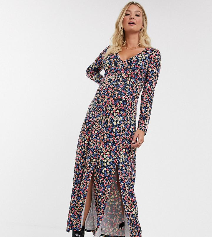 Asos Design Maternity Long Sleeve Button Through Maxi Tea Dress With Splits In Print-multi