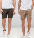 Asos 2 Pack Slim Chino Shorts In Khaki & Stone Save - Multi