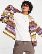 Asos Design Chunky Knit Stripe Cardigan In Light Brown