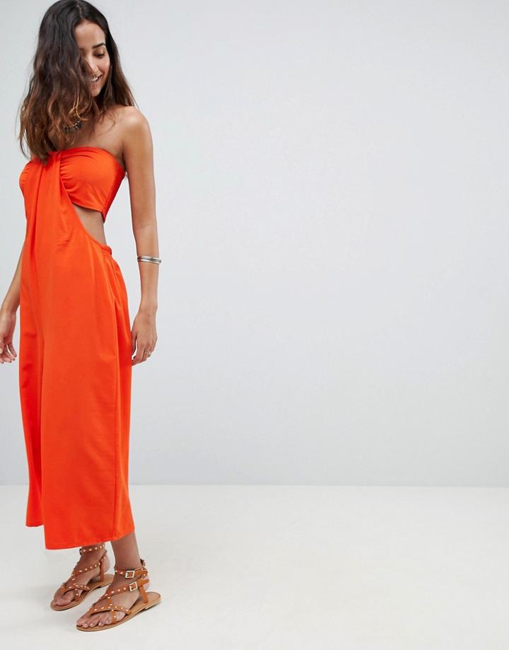 Asos Design Bandeau Jumpsuit With Cut Out And Drape Detail - Orange