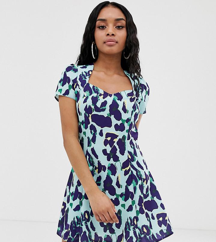 John Zack Petite Sweetheart Mini Skater Dress In Multi Blue Animal Print - Multi