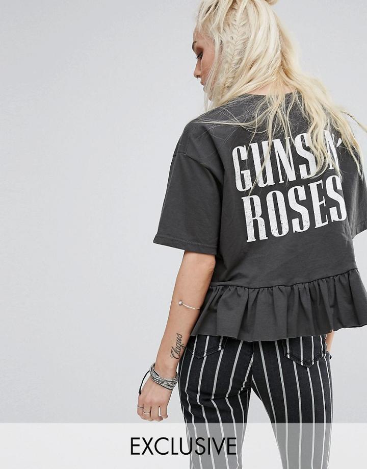 Milk It Vintage Guns N Roses Band T-shirt With Frill Hem In Washed Black - Black